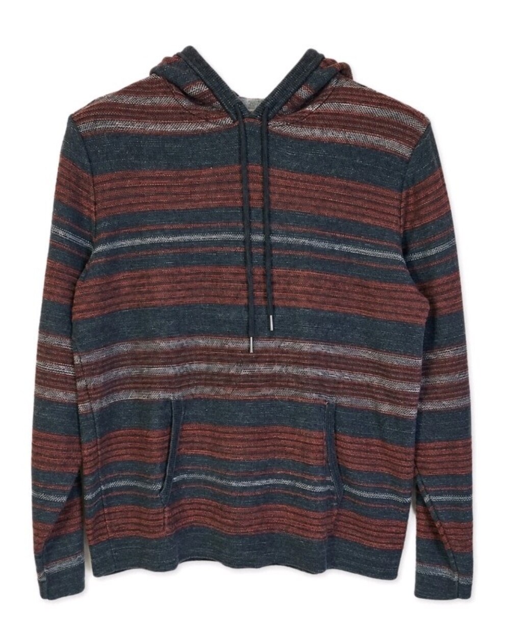 Lucky Brand Baja Hoodie Mens L Striped Knit Pullover Sweater Boho Surf